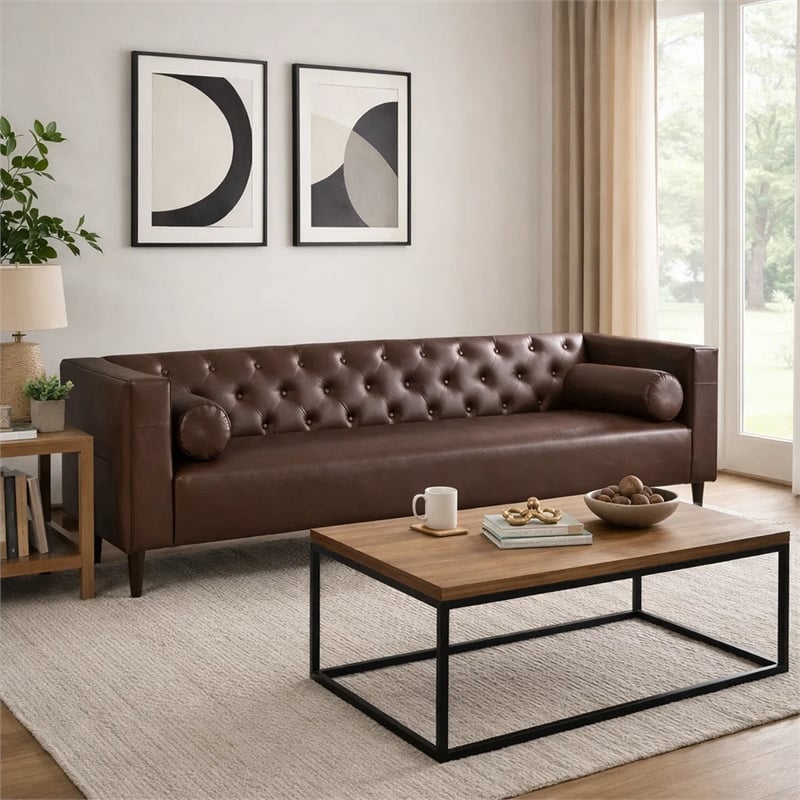 Benjara Biya Sofa- 3 Seater- 90 Inch- Tufted Dark Brown Faux Leather- 2 Pillow