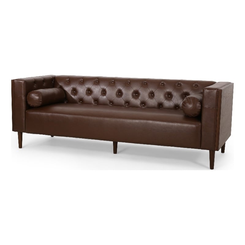 Benjara Biya Sofa- 3 Seater- 90 Inch- Tufted Dark Brown Faux Leather- 2 Pillow
