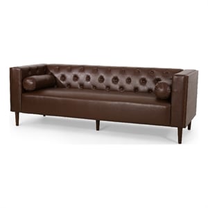 Benjara Biya Sofa- 3 Seater- 90 Inch- Tufted Dark Brown Faux Leather- 2 Pillow