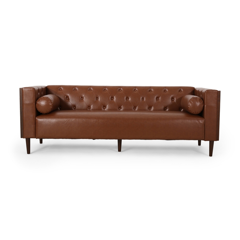 Benjara Biya Sofa- 3 Seater- 90 Inch- Tufted Brown Faux Leather- 2 Pillows