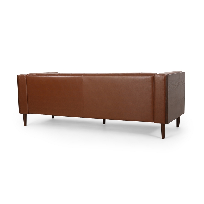 Benjara Biya Sofa- 3 Seater- 90 Inch- Tufted Brown Faux Leather- 2 Pillows