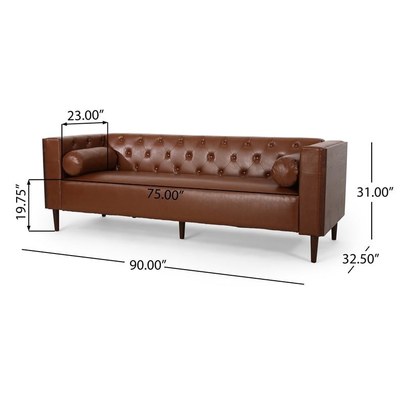 Benjara Biya Sofa- 3 Seater- 90 Inch- Tufted Brown Faux Leather- 2 Pillows