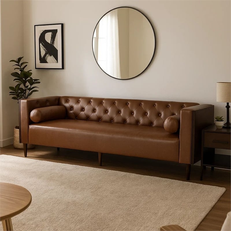 Benjara Biya Sofa- 3 Seater- 90 Inch- Tufted Brown Faux Leather- 2 Pillows