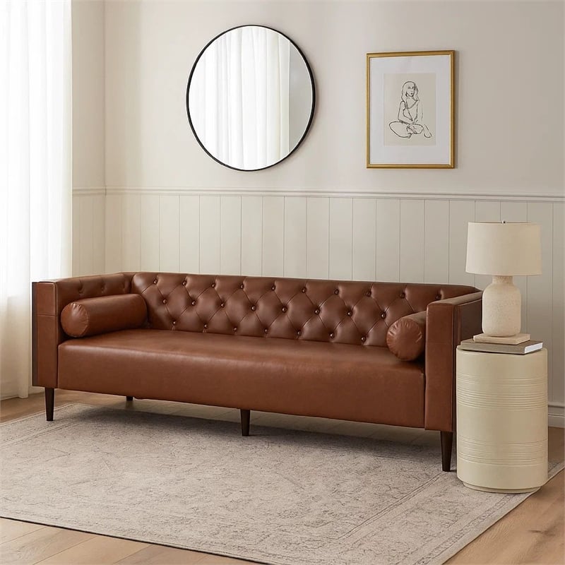 Benjara Biya Sofa- 3 Seater- 90 Inch- Tufted Brown Faux Leather- 2 Pillows