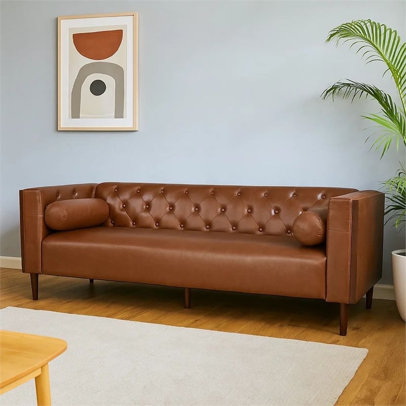 Benjara Biya Sofa- 3 Seater- 90 Inch- Tufted Brown Faux Leather- 2 Pillows