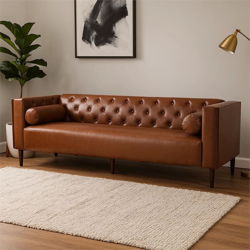 Benjara Biya Sofa- 3 Seater- 90 Inch- Tufted Brown Faux Leather- 2 Pillows