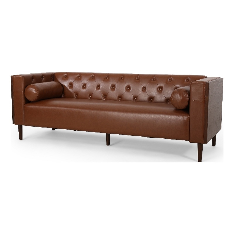 Benjara Biya Sofa- 3 Seater- 90 Inch- Tufted Brown Faux Leather- 2 Pillows