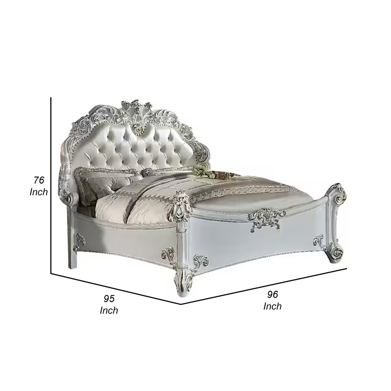 Benjara Antoine King Bed- Classical Style- White Faux Leather Victorian Carved
