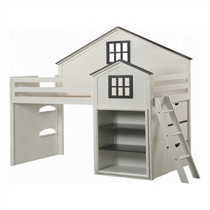 Benjara Robin Twin Size Loft Bed- House Design- Built In Bookshelf- White Gray
