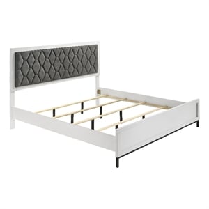 Benjara Noro King Size Bed- White Melamine- Hexagonal Tufted Upholstery