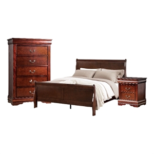 Benjara Poy Three PC Full Size Bedroom Set-Metal Hanging Pulls-Cherry Brown Wood