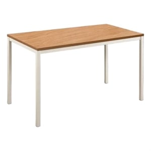 Benjara 47&quot Rary Computer Writing Desk in White Metal- Oak Brown Wood Top