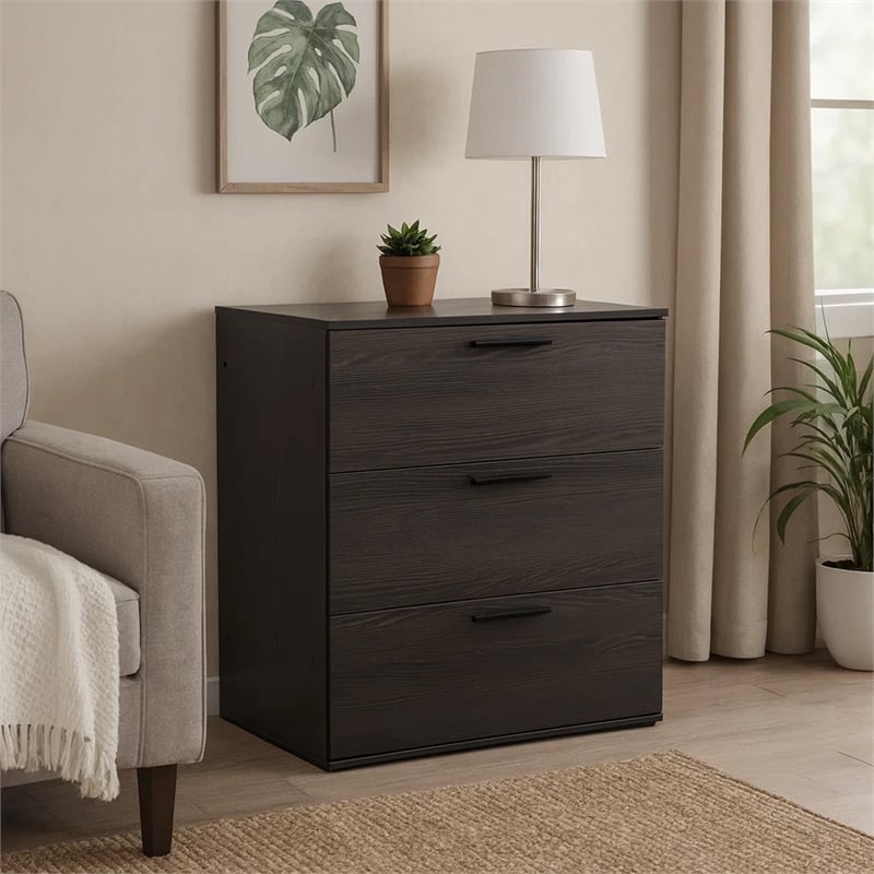 Benjara Moru Modular Jumbo Chest- 3 Drawers- Espresso Brown Wood Grain Details
