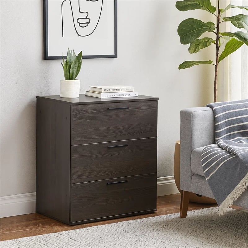 Benjara Moru Modular Jumbo Chest- 3 Drawers- Espresso Brown Wood Grain Details