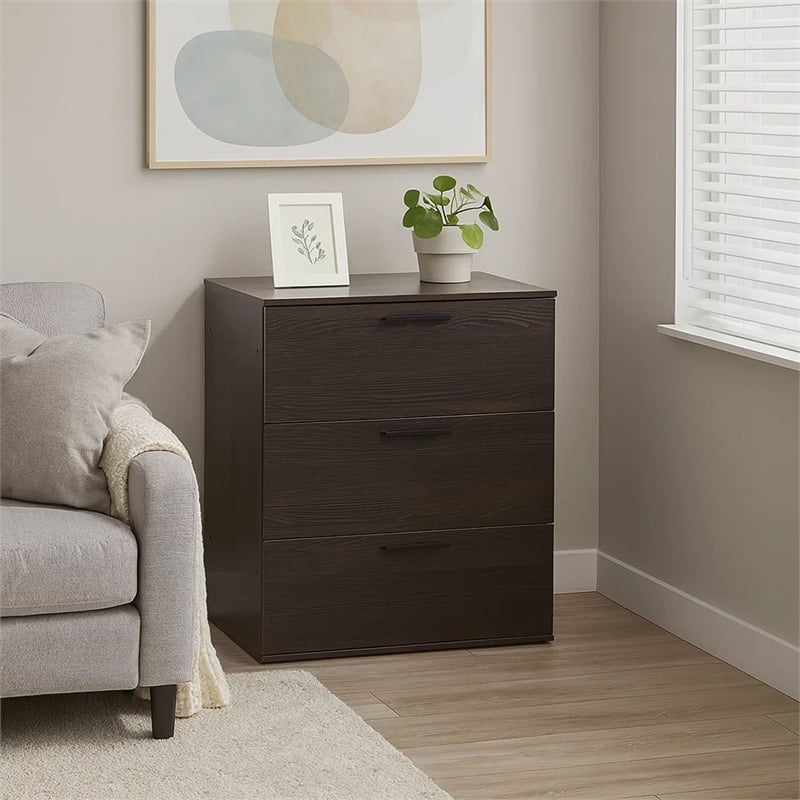 Benjara Moru Modular Jumbo Chest- 3 Drawers- Espresso Brown Wood Grain Details
