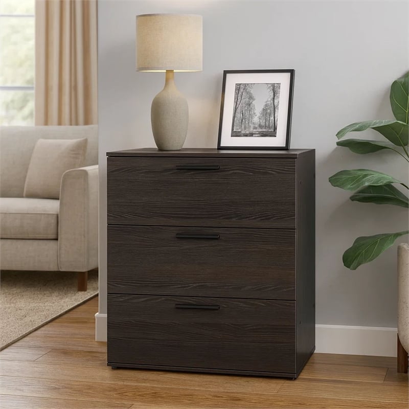 Benjara Moru Modular Jumbo Chest- 3 Drawers- Espresso Brown Wood Grain Details