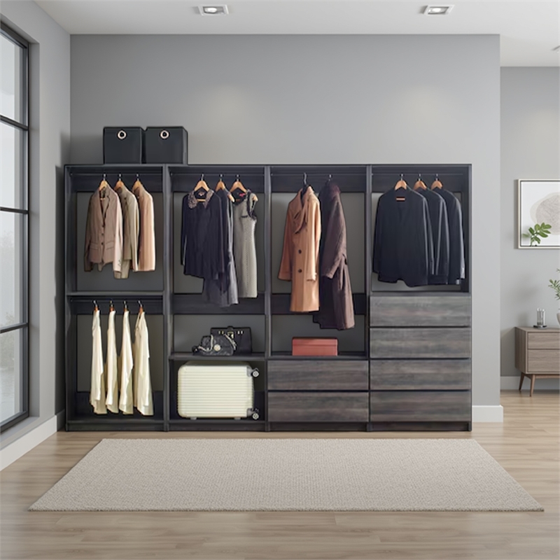 Benjara Dee Modular Closet System- 6 Shelves- 5 Hanging Rods- Gray Wood Finish