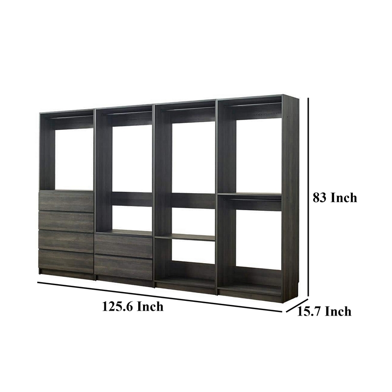 Benjara Dee Modular Closet System- 6 Shelves- 5 Hanging Rods- Gray Wood Finish