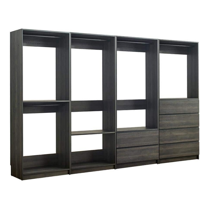 Benjara Dee Modular Closet System- 6 Shelves- 5 Hanging Rods- Gray Wood Finish