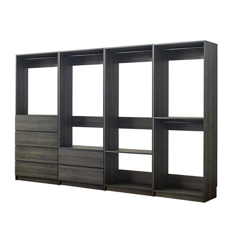 Benjara Dee Modular Closet System- 6 Shelves- 5 Hanging Rods- Gray Wood Finish