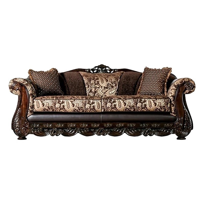 Benjara Delie 2pc Sofa Loveseat Set- Brown Gold Chenille- 4 Accent Pillows