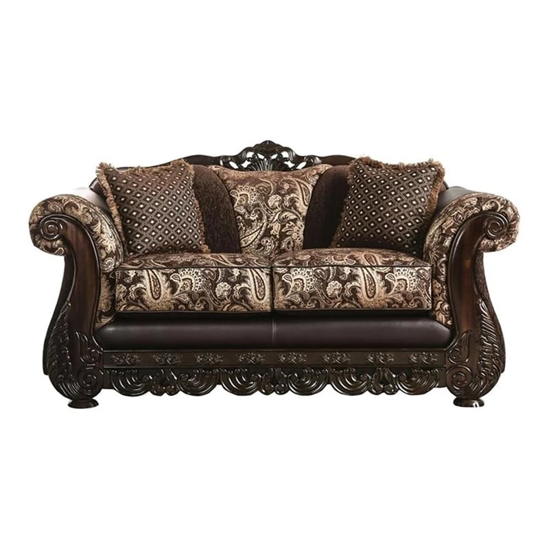 Benjara Delie 2pc Sofa Loveseat Set- Brown Gold Chenille- 4 Accent Pillows