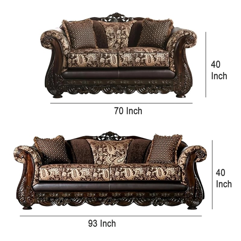 Benjara Delie 2pc Sofa Loveseat Set- Brown Gold Chenille- 4 Accent Pillows