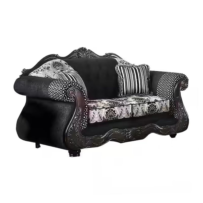 Benjara Jinaa 2pc Sofa Loveseat Set- Black Gray Chenille- 5 Accent Pillows