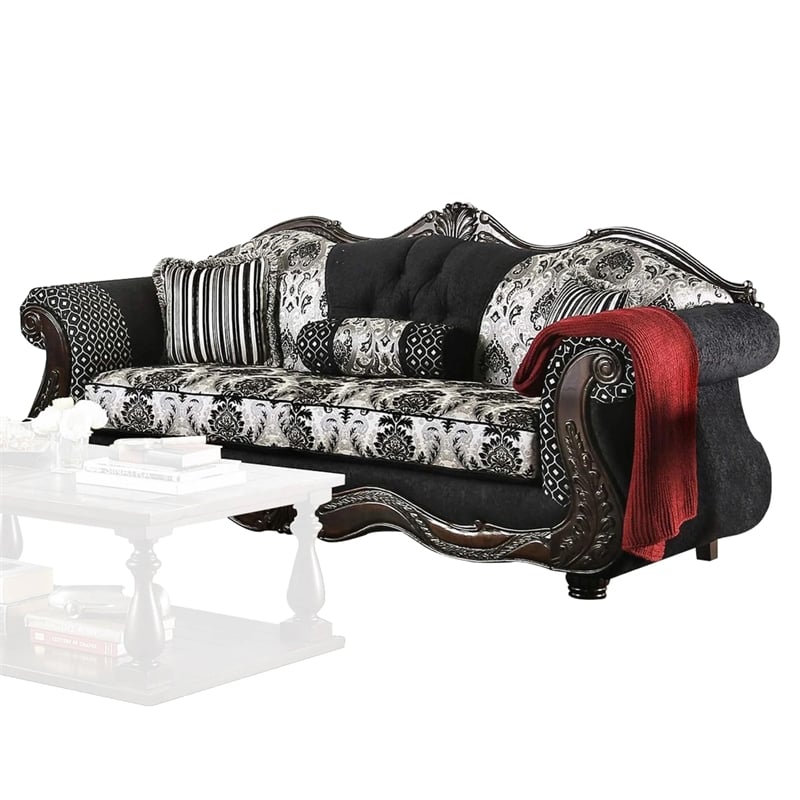 Benjara Jinaa 2pc Sofa Loveseat Set- Black Gray Chenille- 5 Accent Pillows