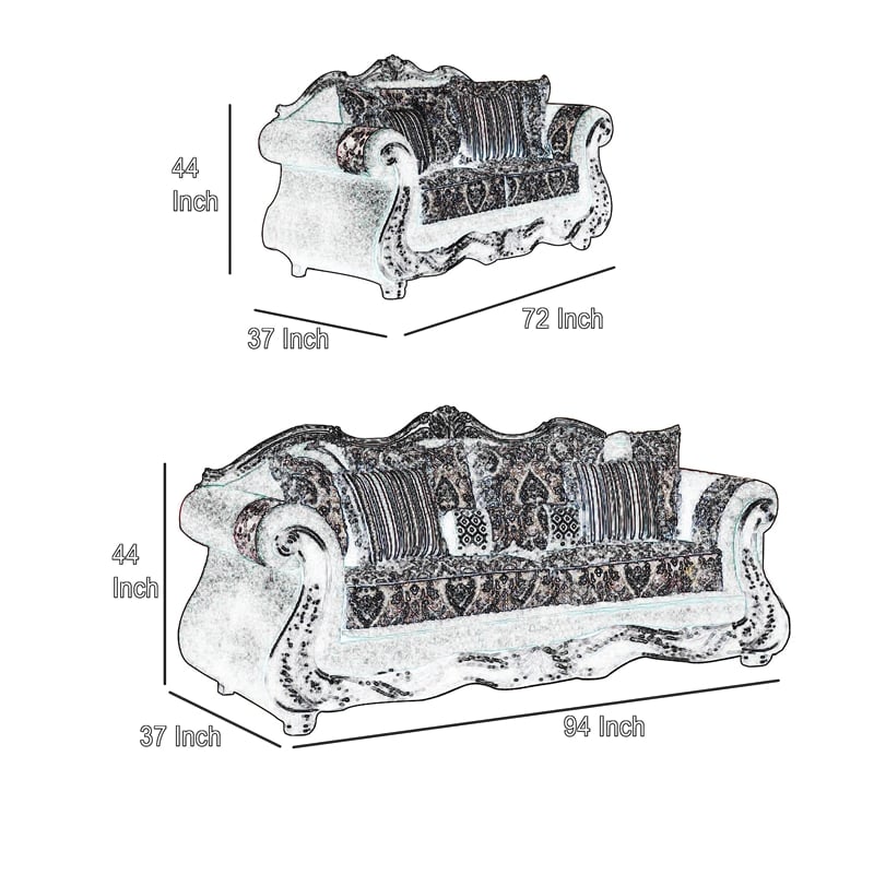 Benjara Jinaa 2pc Sofa Loveseat Set- Black Gray Chenille- 5 Accent Pillows