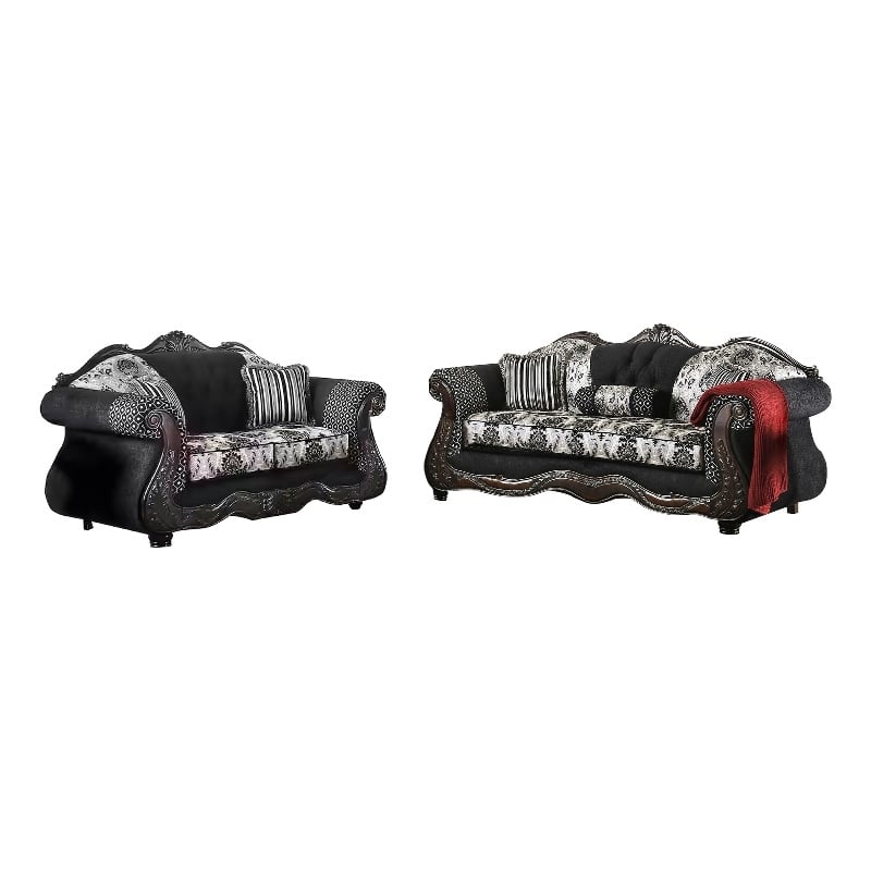 Benjara Jinaa 2pc Sofa Loveseat Set- Black Gray Chenille- 5 Accent Pillows