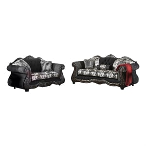 Benjara Jinaa 2pc Sofa Loveseat Set- Black Gray Chenille- 5 Accent Pillows