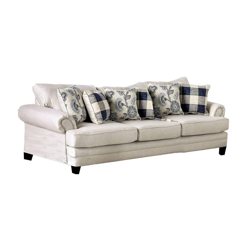 Benjara Amy 2pc Sofa and Loveseat Set w 9 Accent Pillows- Ivory Faux Linen