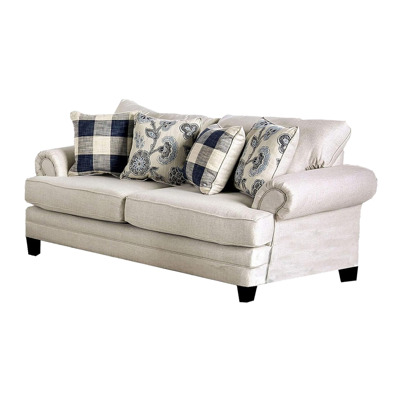 Benjara Amy 2pc Sofa and Loveseat Set w 9 Accent Pillows- Ivory Faux Linen