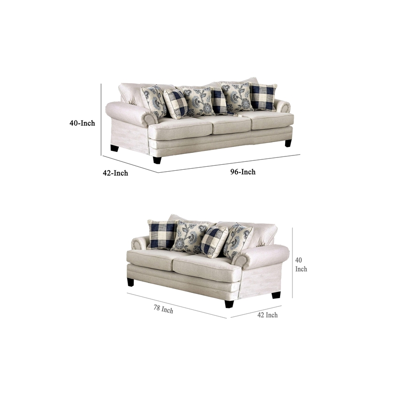 Benjara Amy 2pc Sofa and Loveseat Set w 9 Accent Pillows- Ivory Faux Linen