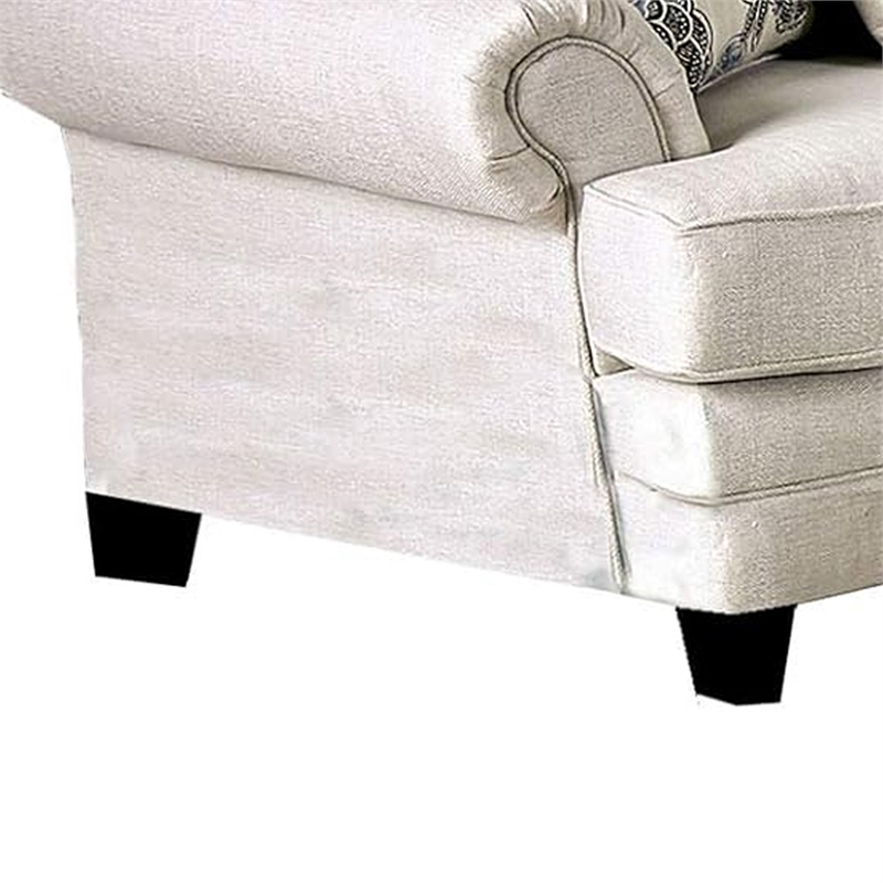 Benjara Amy 2pc Sofa and Loveseat Set w 9 Accent Pillows- Ivory Faux Linen