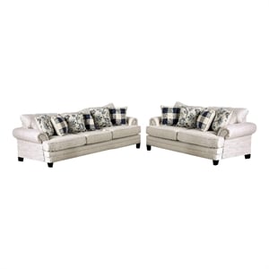 Benjara Amy 2pc Sofa and Loveseat Set w 9 Accent Pillows- Ivory Faux Linen
