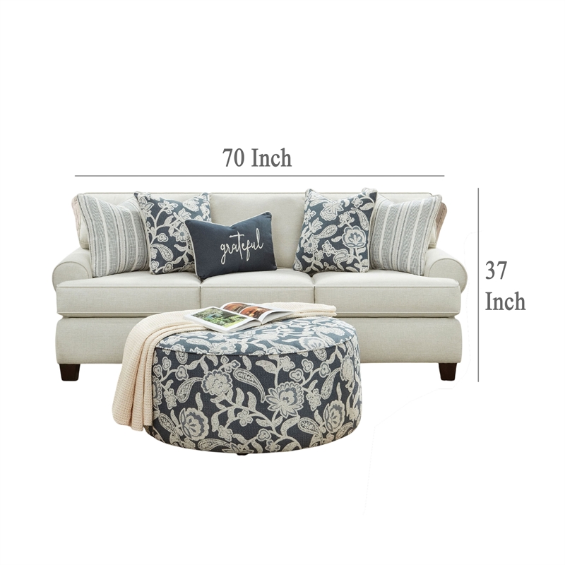 Benjara Pery 2pc Sofa and Loveseat Set- 9 Accent Pillows- Ivory Chenille