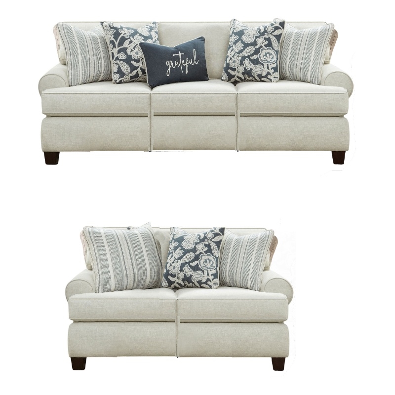 Benjara Pery 2pc Sofa and Loveseat Set- 9 Accent Pillows- Ivory Chenille
