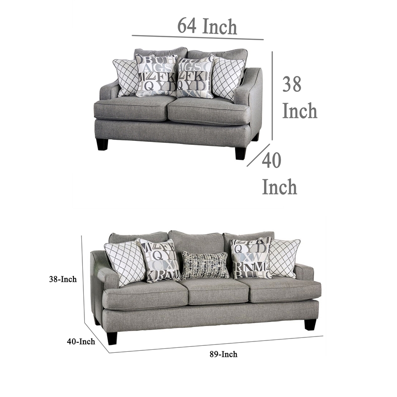 Benjara Lye 2pc Sofa and Loveseat Set w 9 Pillows- Wingback- Blue Gray Fabric
