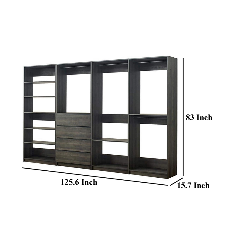 Benjara Dee Modular Closet System- 11 Shelf- 4 Hanging Rods- Gray Wood Finish