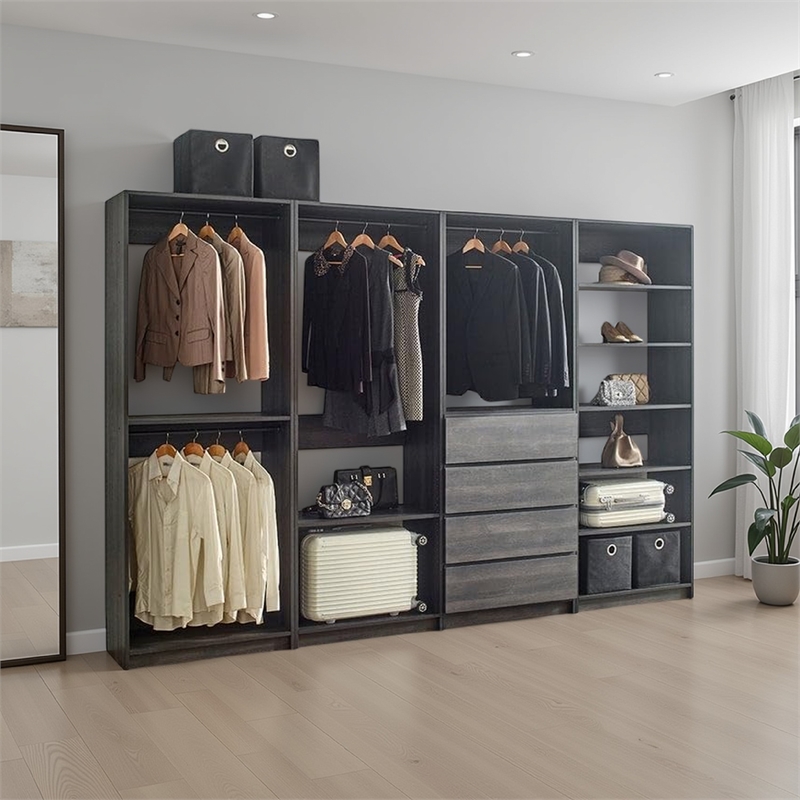 Benjara Dee Modular Closet System- 11 Shelf- 4 Hanging Rods- Gray Wood Finish