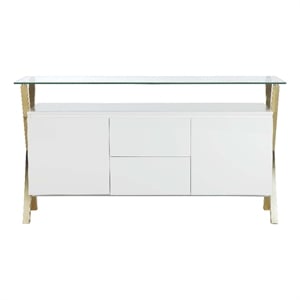 Benjara Tia Sideboard Buffet Console- 63&quot Glass Top- White Lacquer- Gold