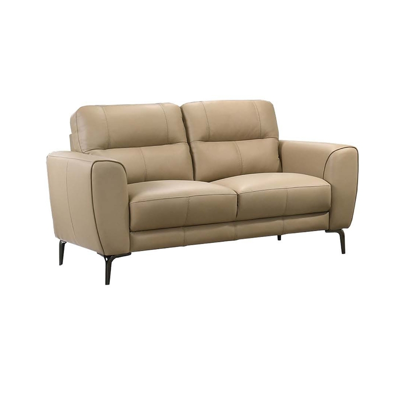 Benjara Hena 2pc Sofa and Loveseat Set- Modern Style- Light Beige Full Leather