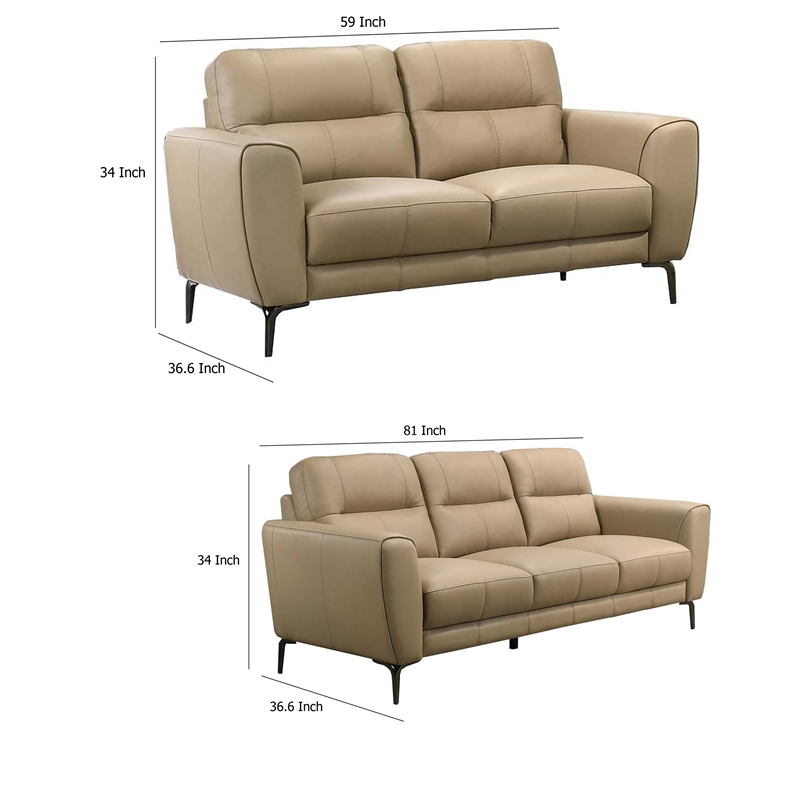 Benjara Hena 2pc Sofa and Loveseat Set- Modern Style- Light Beige Full Leather