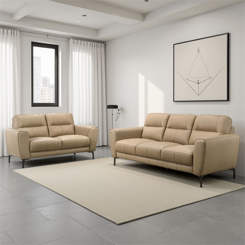 Benjara Hena 2pc Sofa and Loveseat Set- Modern Style- Light Beige Full Leather