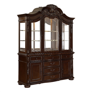 Benjara 87&quot Eva Buffet China Cabinet with Hutch- Baroque Cherry Brown