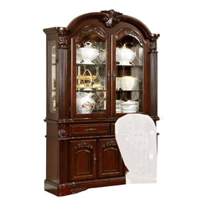 Benjara Mina China Buffet Cabinet with Hutch- Glass Doors- Cherry Brown Wood