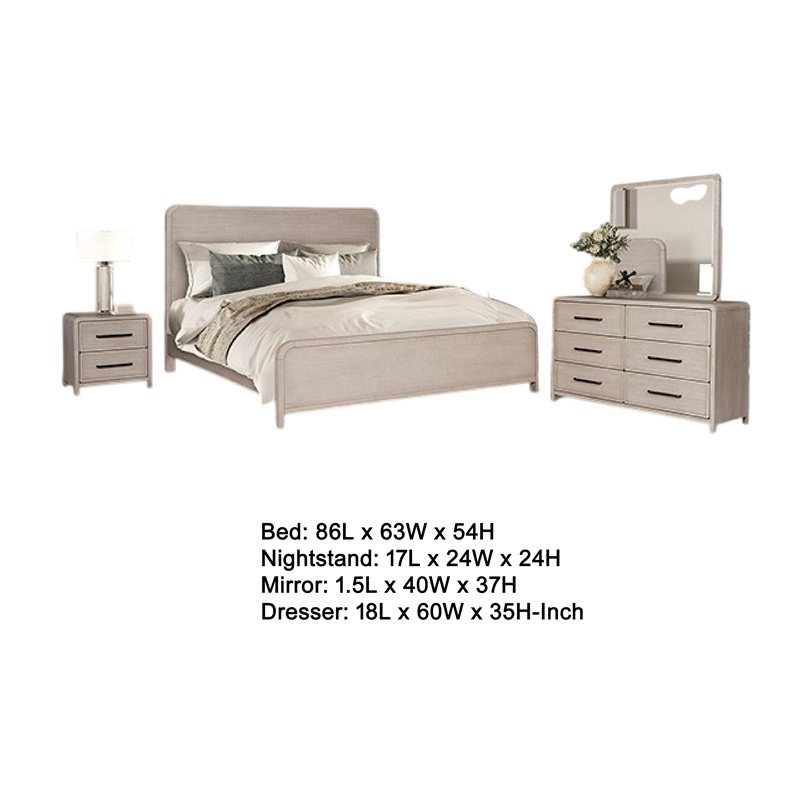 Benjara Giva 5pc Queen Bedroom Set- 2 Nightstands- Mirror- Natural Oak Beige