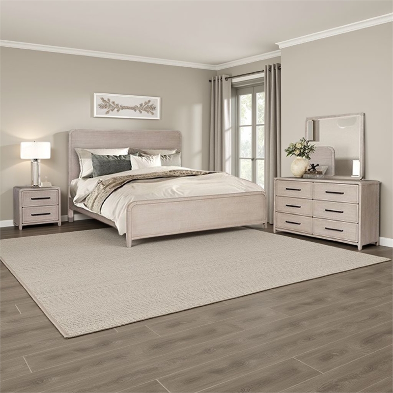 Benjara Giva 5pc Queen Bedroom Set- 2 Nightstands- Mirror- Natural Oak Beige
